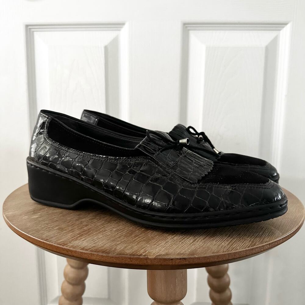 Ara Black Croc Embossed Rachel Slip On Loafer Low Comfort Wedge 7.5 G UK 10 US